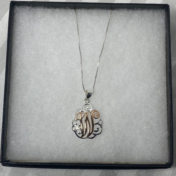 New Sterling Silver & Rose Gold script monogram “W” Necklace in Box - Picture 1 of 6